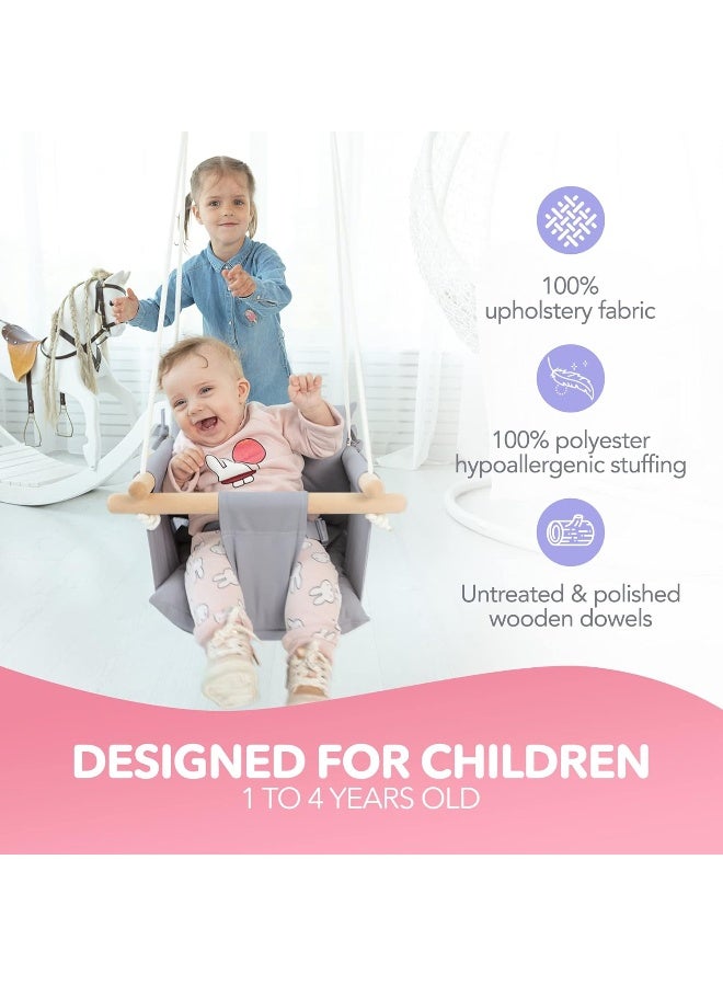 CaTeam - Canvas Baby Swing, Wooden Hanging Swing Seat Chair with Safety Belt, Durable Baby Hammock Chair, Outdoor and Indoor Swing for Kids, Mounting Hardware Included, Taupe Gray - Image 2